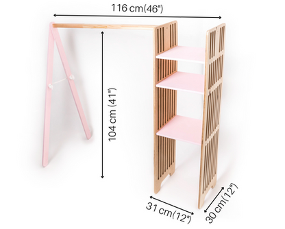 Wooden kids wardrobe with dimensions labeled, featuring open shelving and hanging rod for children's clothes