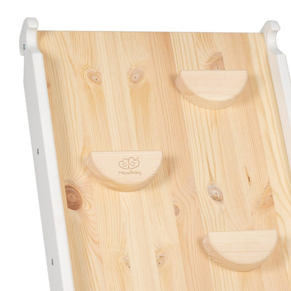 Natural wood slide panel with curved handholds and MeowBaby branding