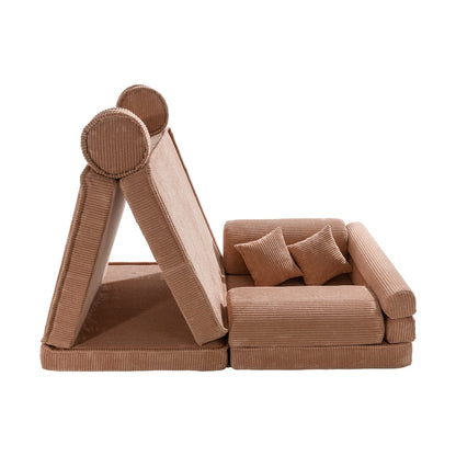 Modular children's sofa with attached triangle play tent and corduroy upholstery, configuration view