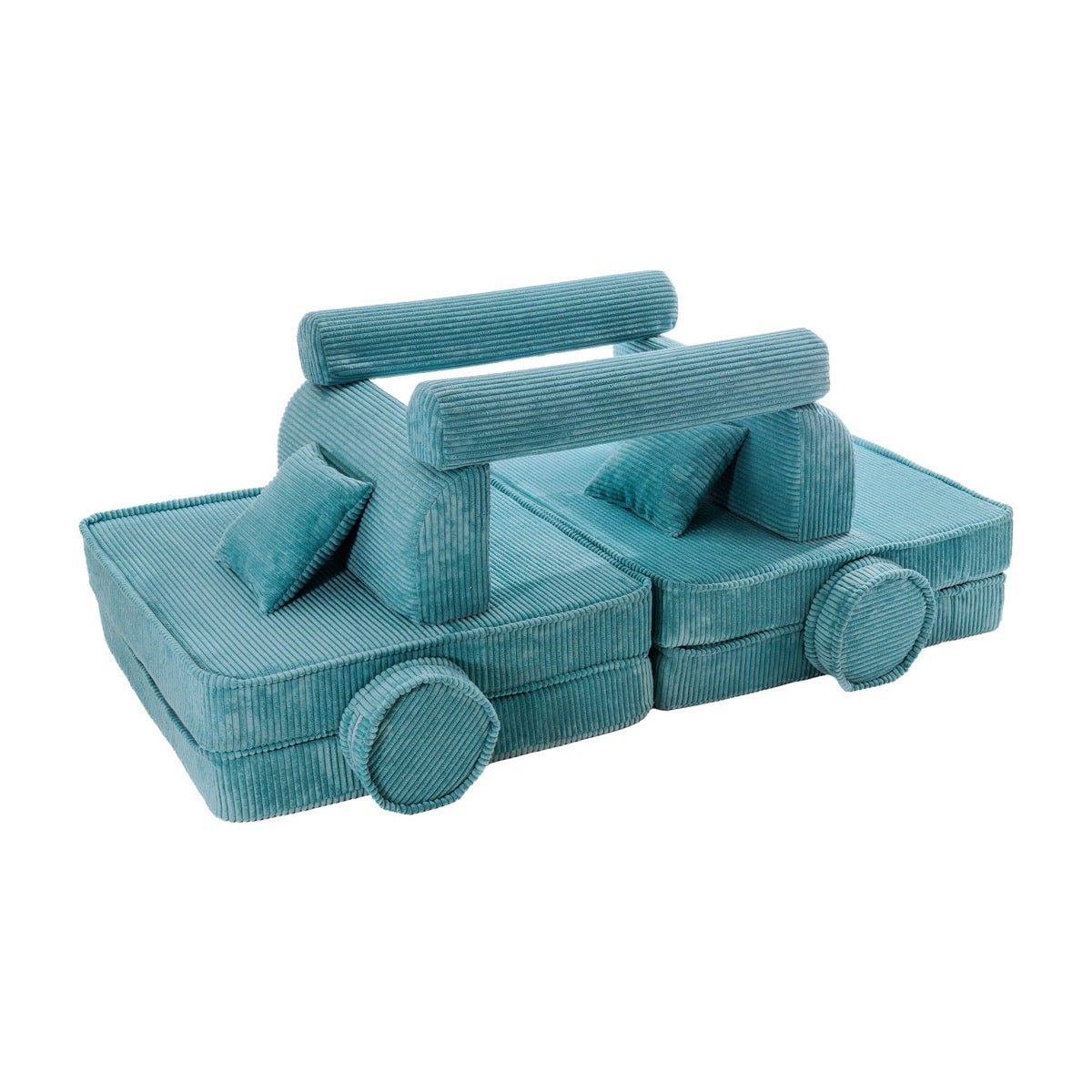 Turquoise corduroy modular sofa with wheels configured as playroom lounger with back support