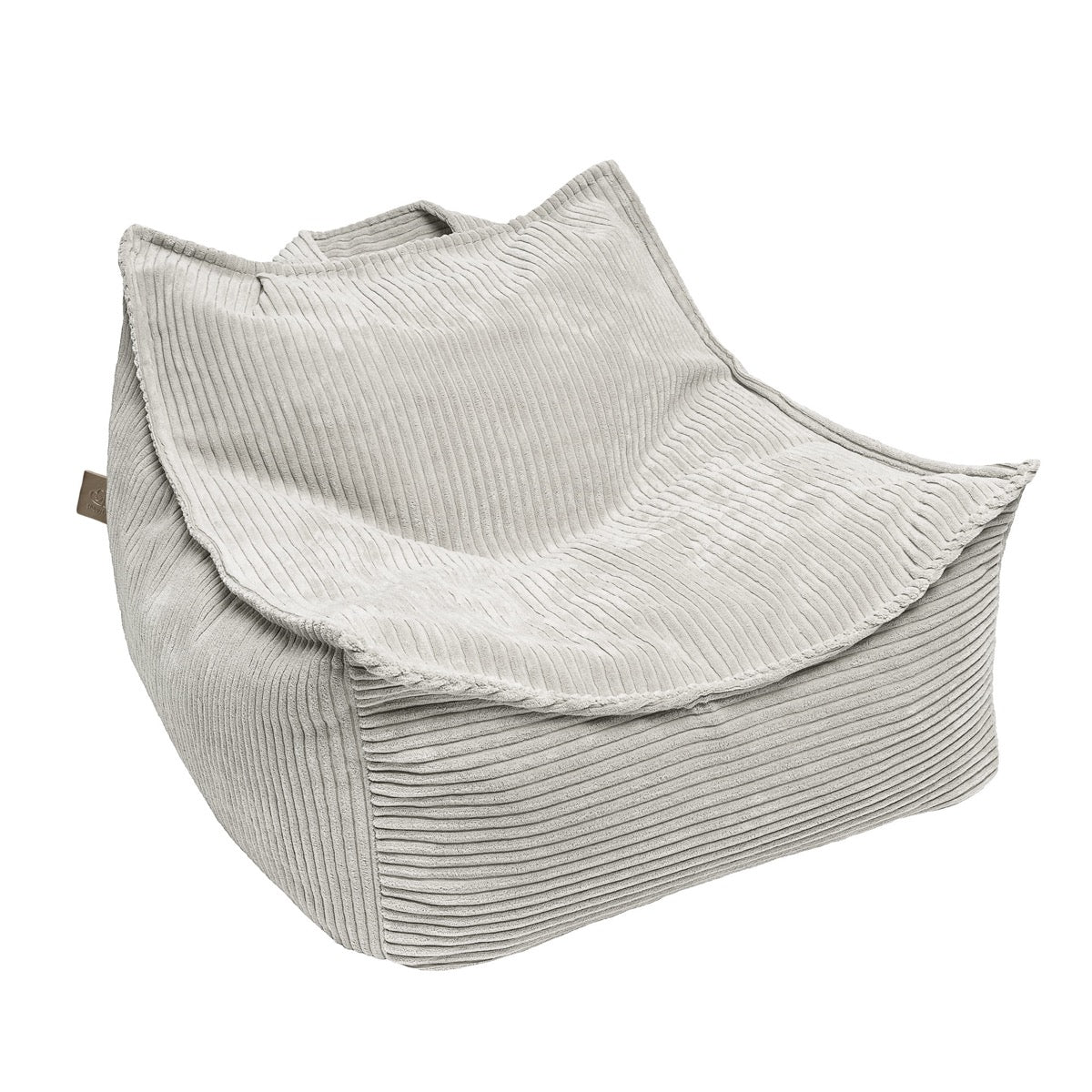 Ecru velvet bean bag with ribbed texture and soft molded shape for toddler seating