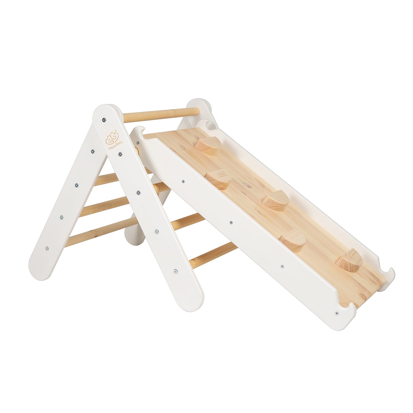 Complete ladder slide and climbing wall playset in white and natural wood