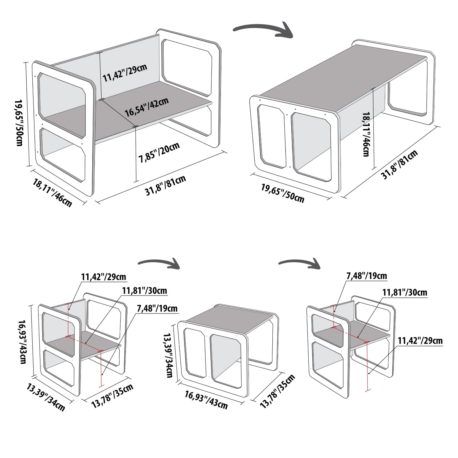 Dimension diagram showing measurements for Montessori table, chairs, and storage configurations