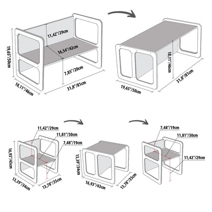 Dimension diagram showing measurements for Montessori table, chairs, and storage configurations