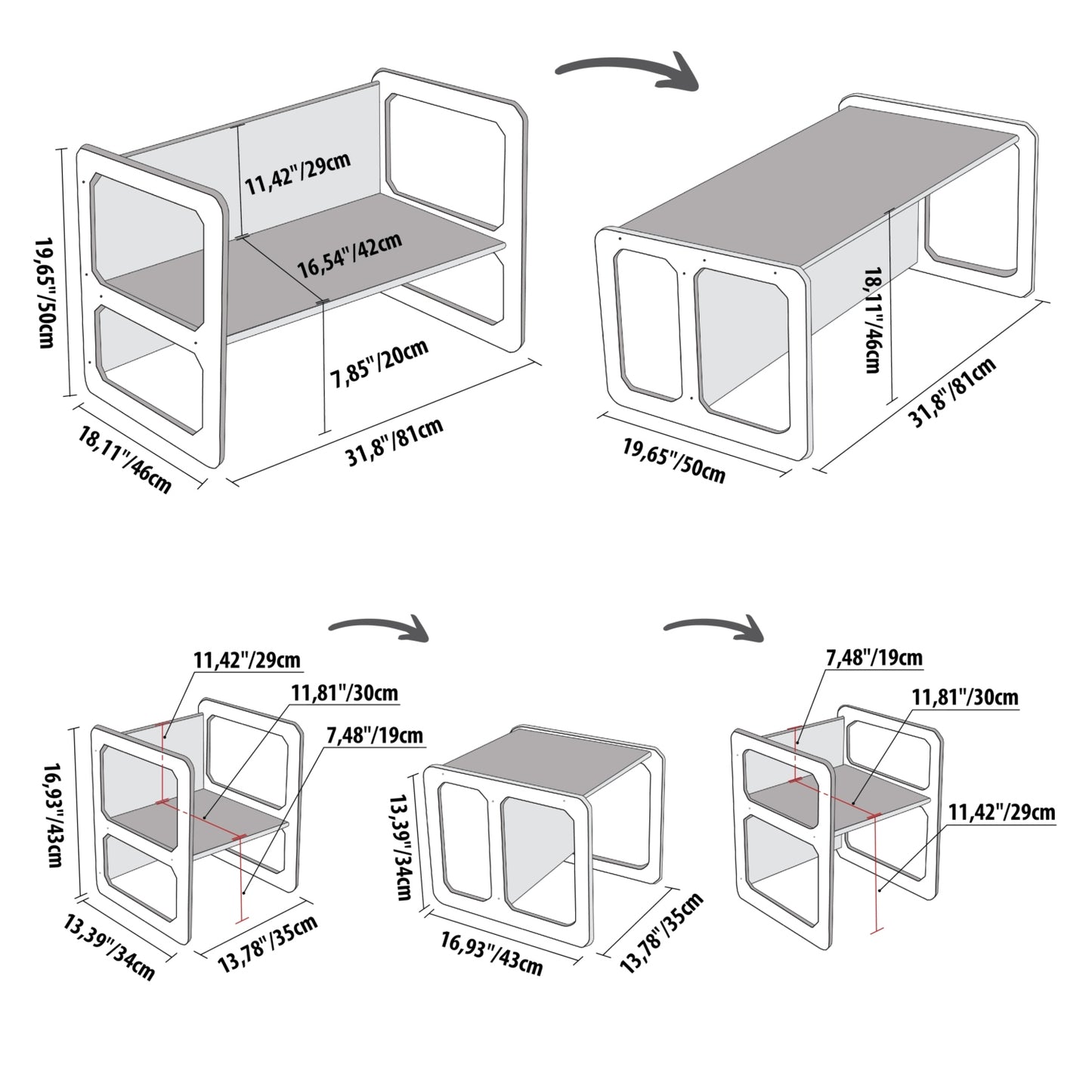 Dimension diagram showing measurements of Montessori weaning table and chair set