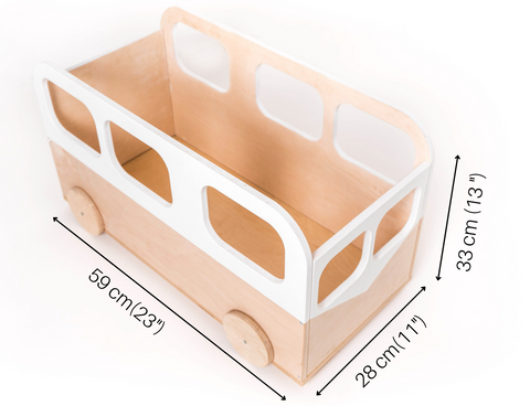 Dimensions diagram of wooden toy storage bus showing length, width and height measurements
