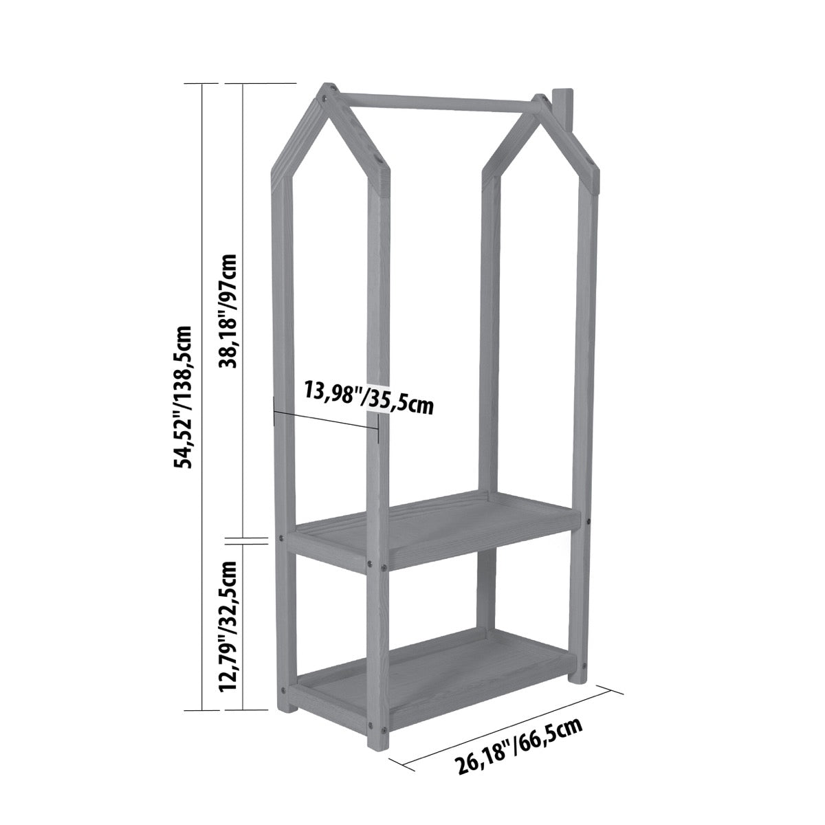 House-shaped clothing rack dimensions diagram showing height and width measurements