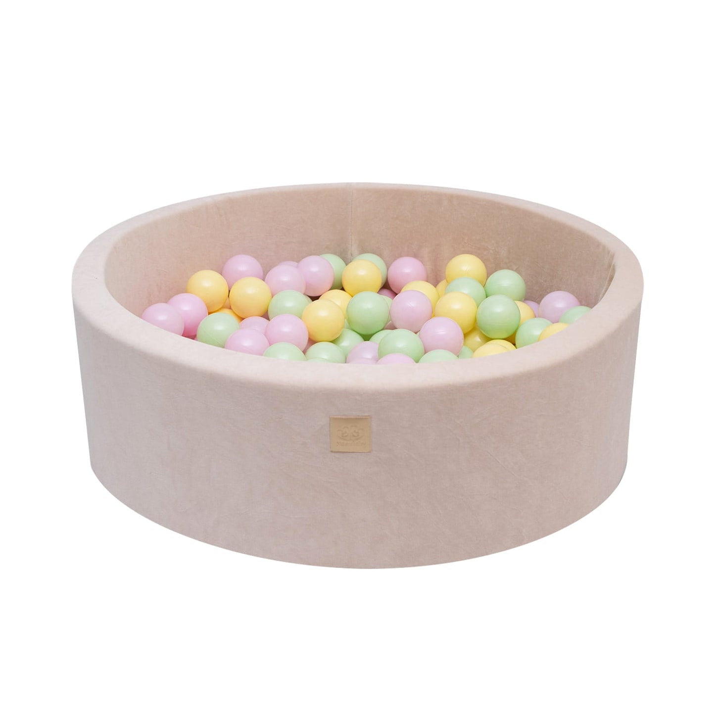 Product shot of 30 cm beige foam ball pit filled with colorful balls