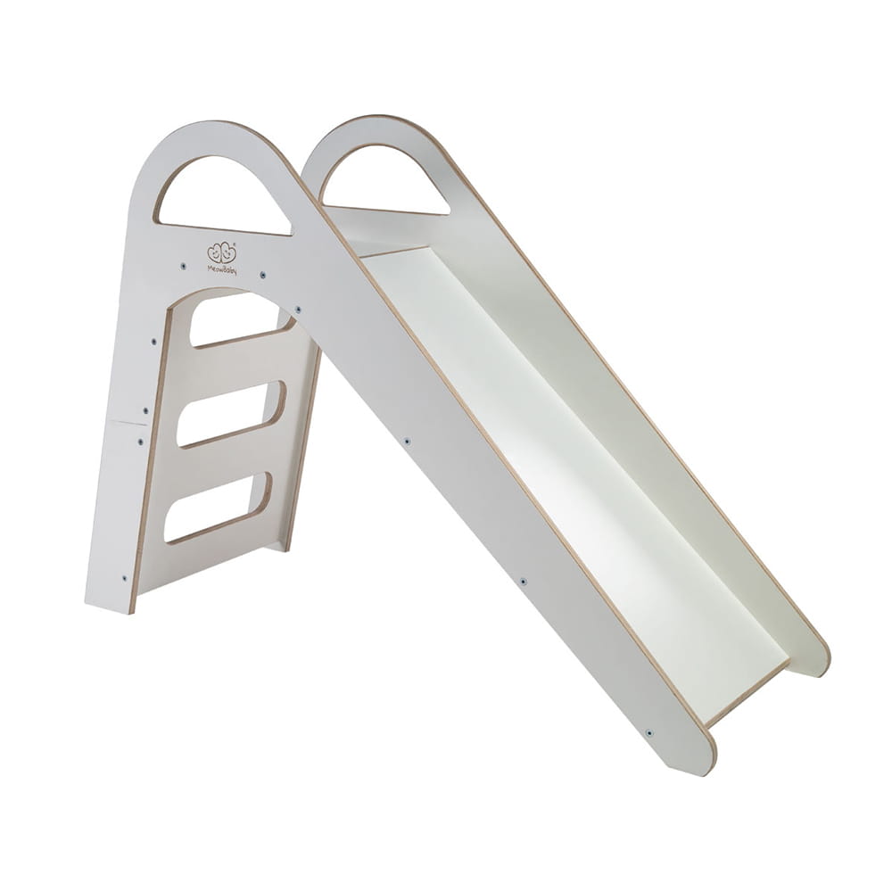 White wooden Scandi slide with curved climbing handles and smooth slide surface