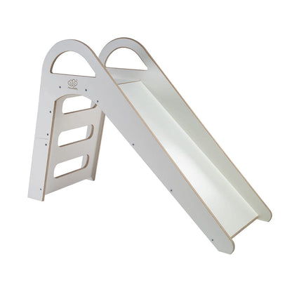 White wooden Scandi slide with curved climbing handles and smooth slide surface