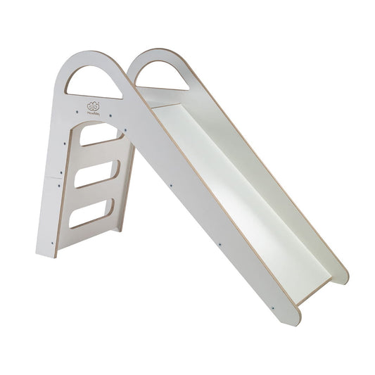 White wooden Scandi slide with curved climbing handles and smooth slide surface