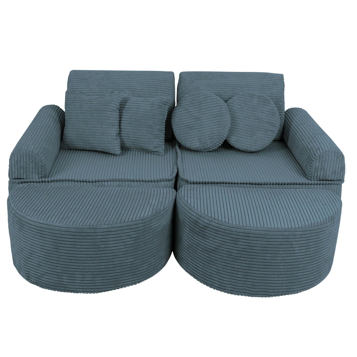 Turquoise modular kids sofa close-up showing textured fabric, round cushions and spacious seating
