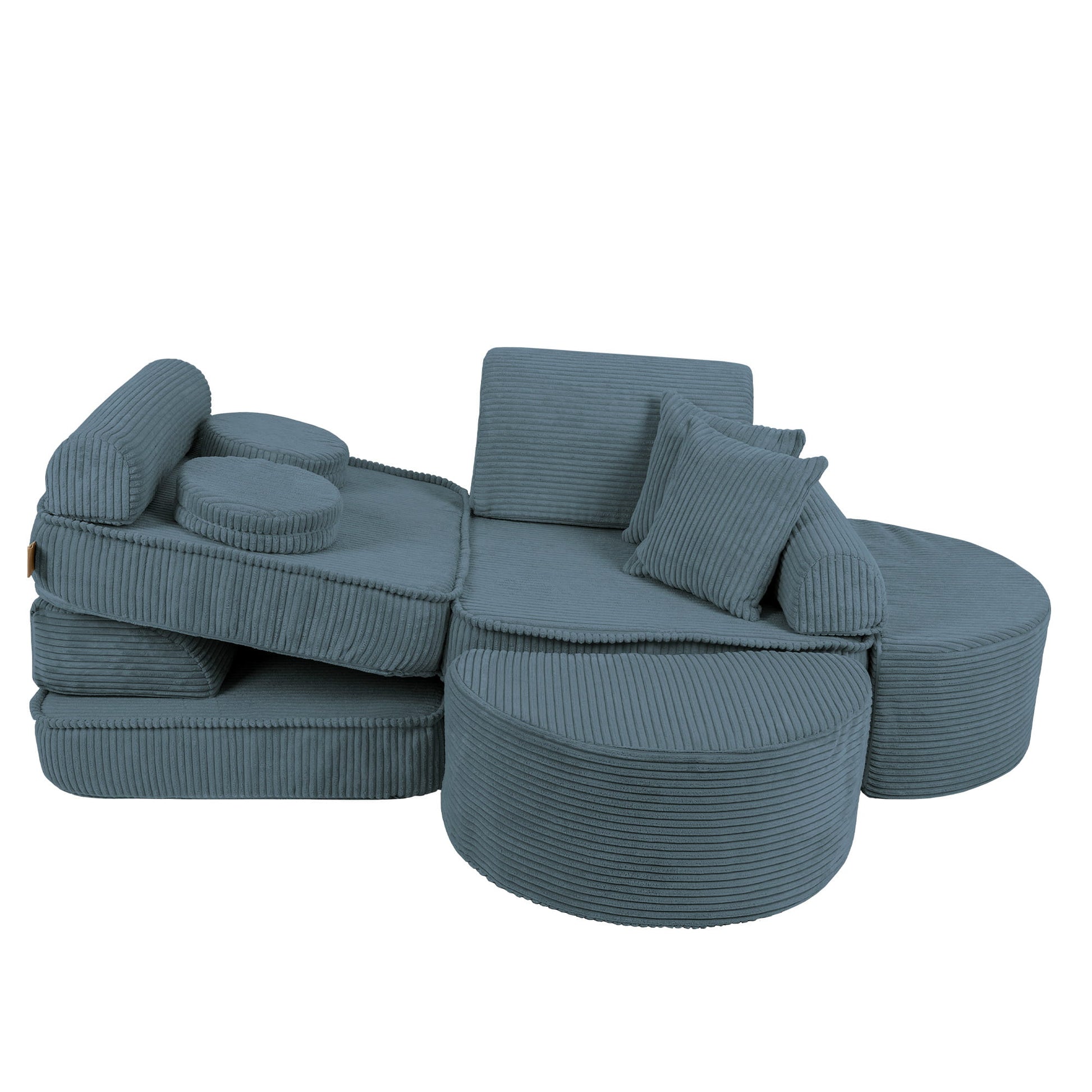 Turquoise modular sofa for kids shown in curved lounge setup with removable cushion pieces