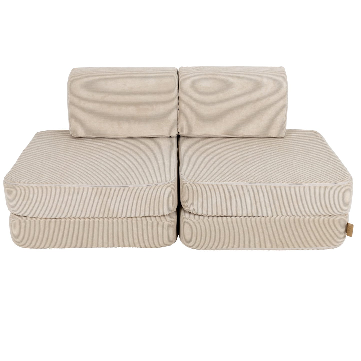 Small modular sofa for kids in ecru slimcord fabric with two-seat cushioned design and backrest