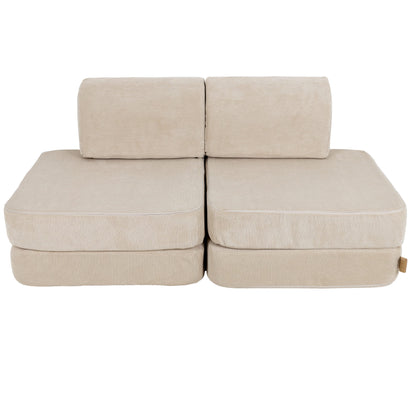 Small modular sofa for kids in ecru slimcord fabric with two-seat cushioned design and backrest
