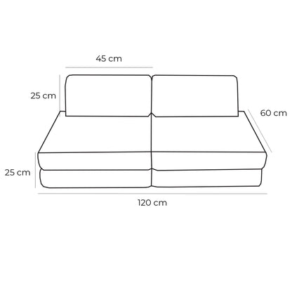 Small modular kids sofa dimension diagram showing 120cm width, 60cm depth, and 25cm height measurements
