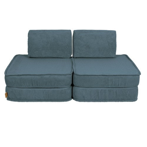 Turquoise kids sofa front view displaying textured corduroy fabric and structure