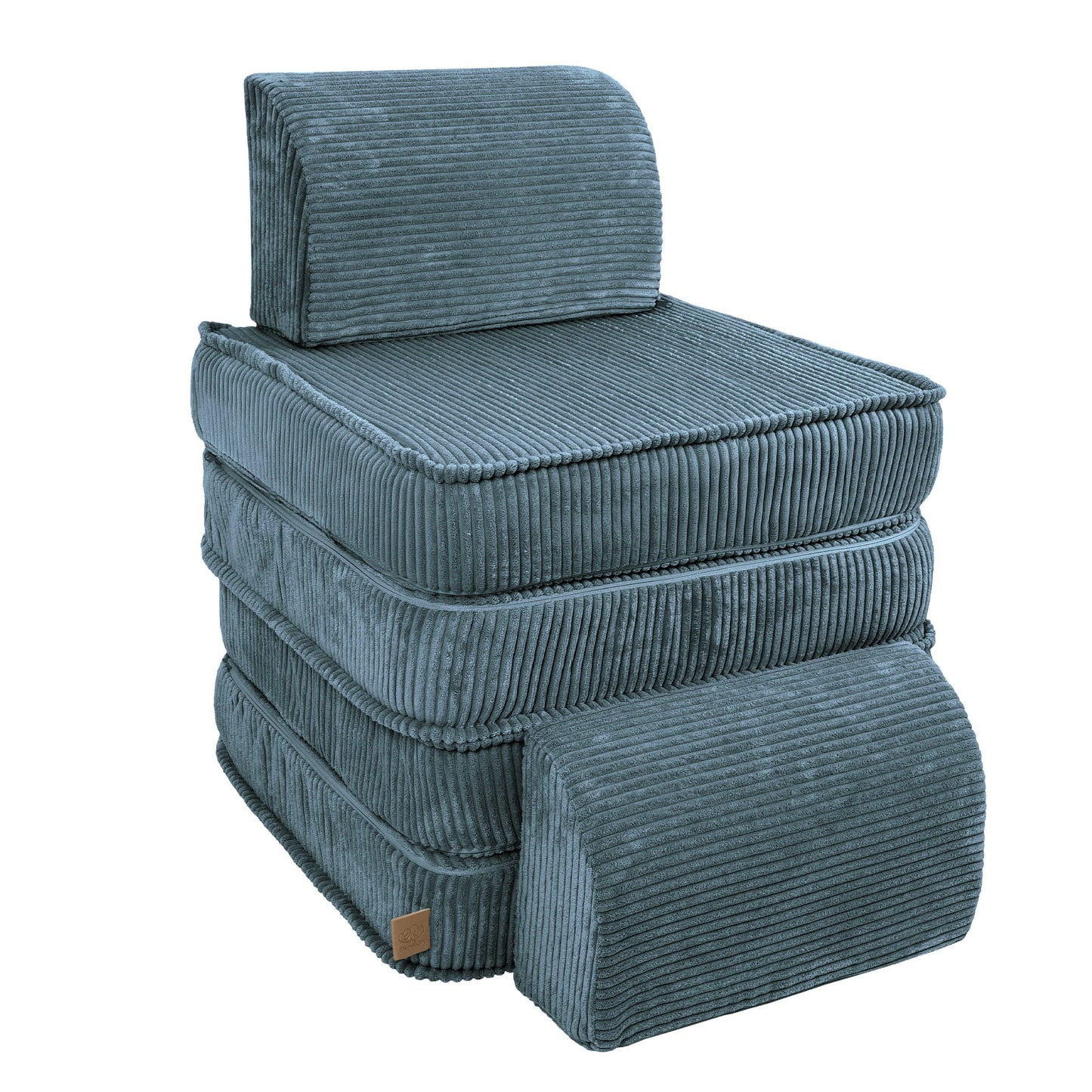 Stacked modular sofa pieces in turquoise showing how components separate