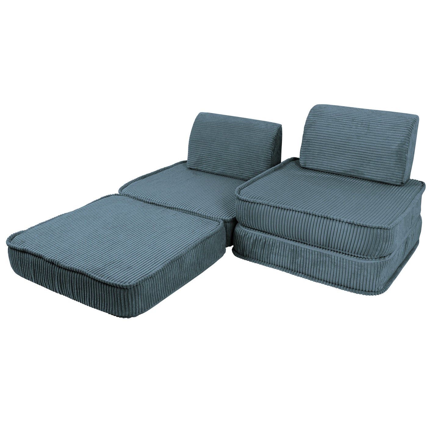 Turquoise modular sofa configured as two-seat layout with ottoman