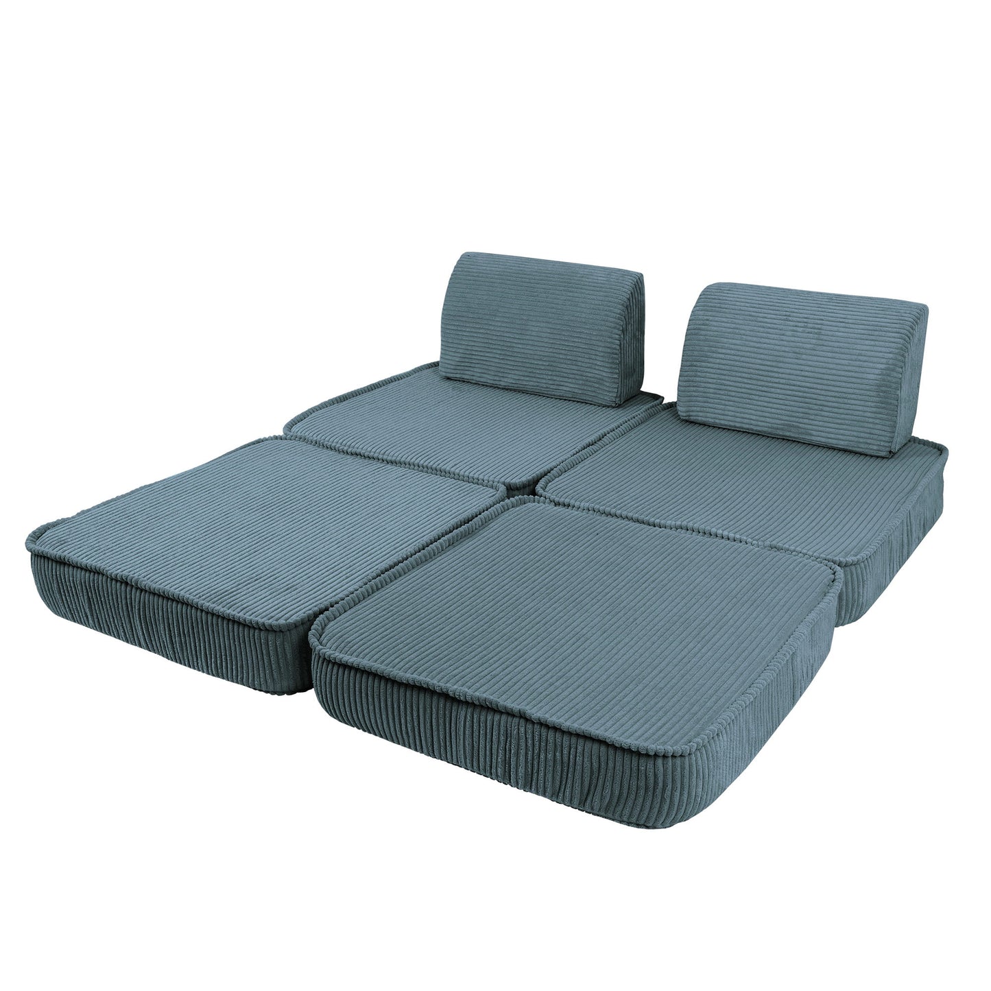 Turquoise modular sofa arranged as lounge configuration with flat base