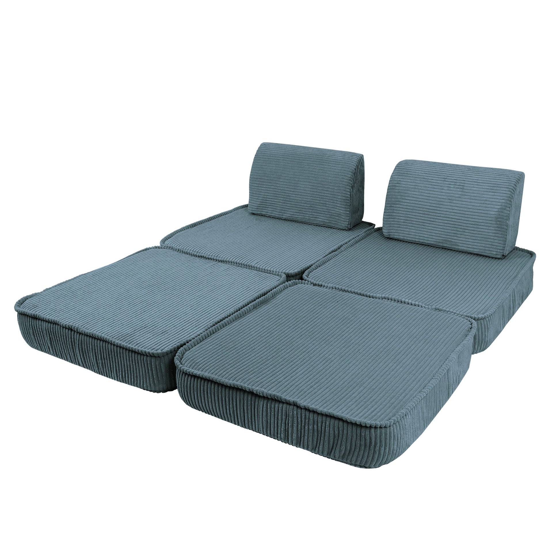 Turquoise modular sofa arranged as lounge configuration with flat base