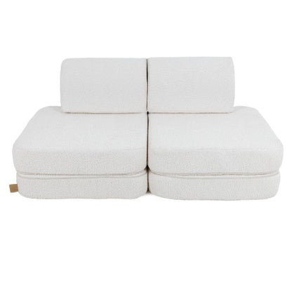 White boucle modular sofa for kids with two removable cushions and wooden feet