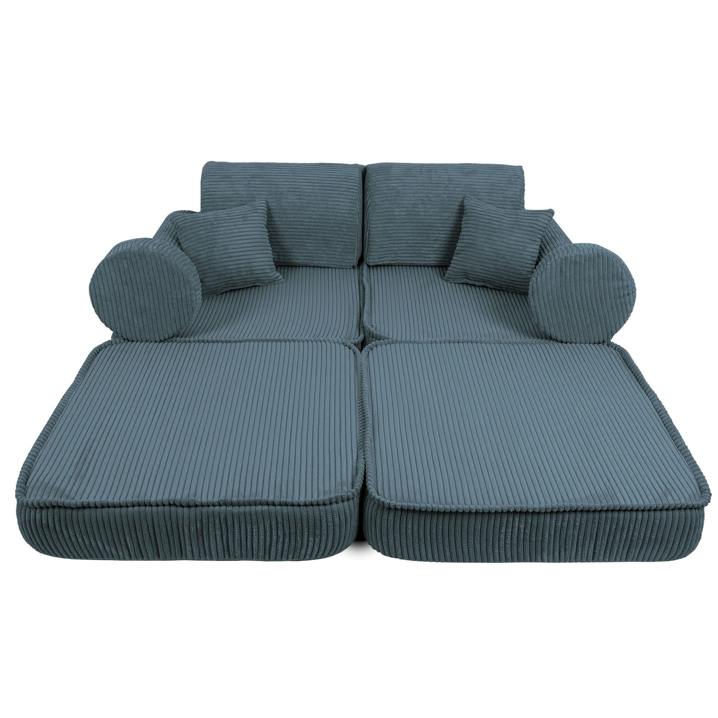 Top view of turquoise kids sofa showing flat bed configuration with accent pillows