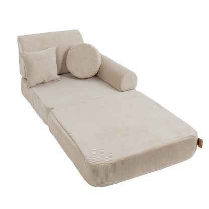 Single modular sofa seat converted to lounger with cylindrical bolster and square cushion support
