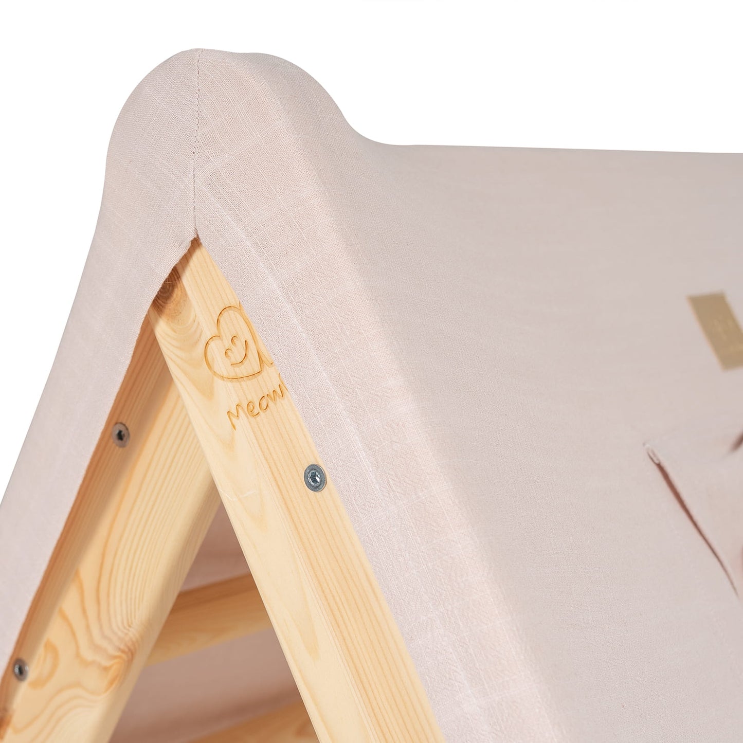 Close-up of natural wood ladder with pink tent cover and MeowBaby heart logo