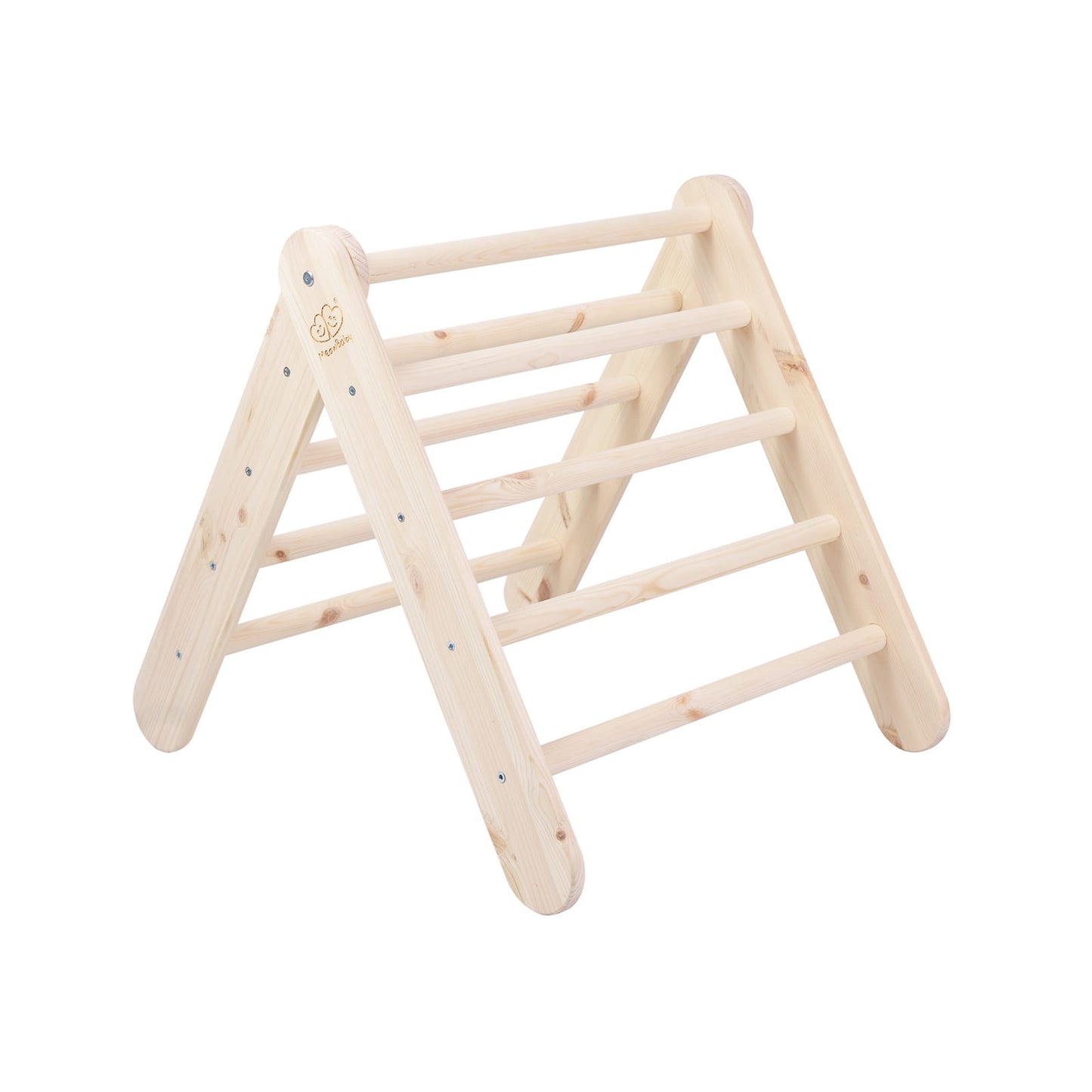 Natural wood climbing ladder with horizontal rungs, front view