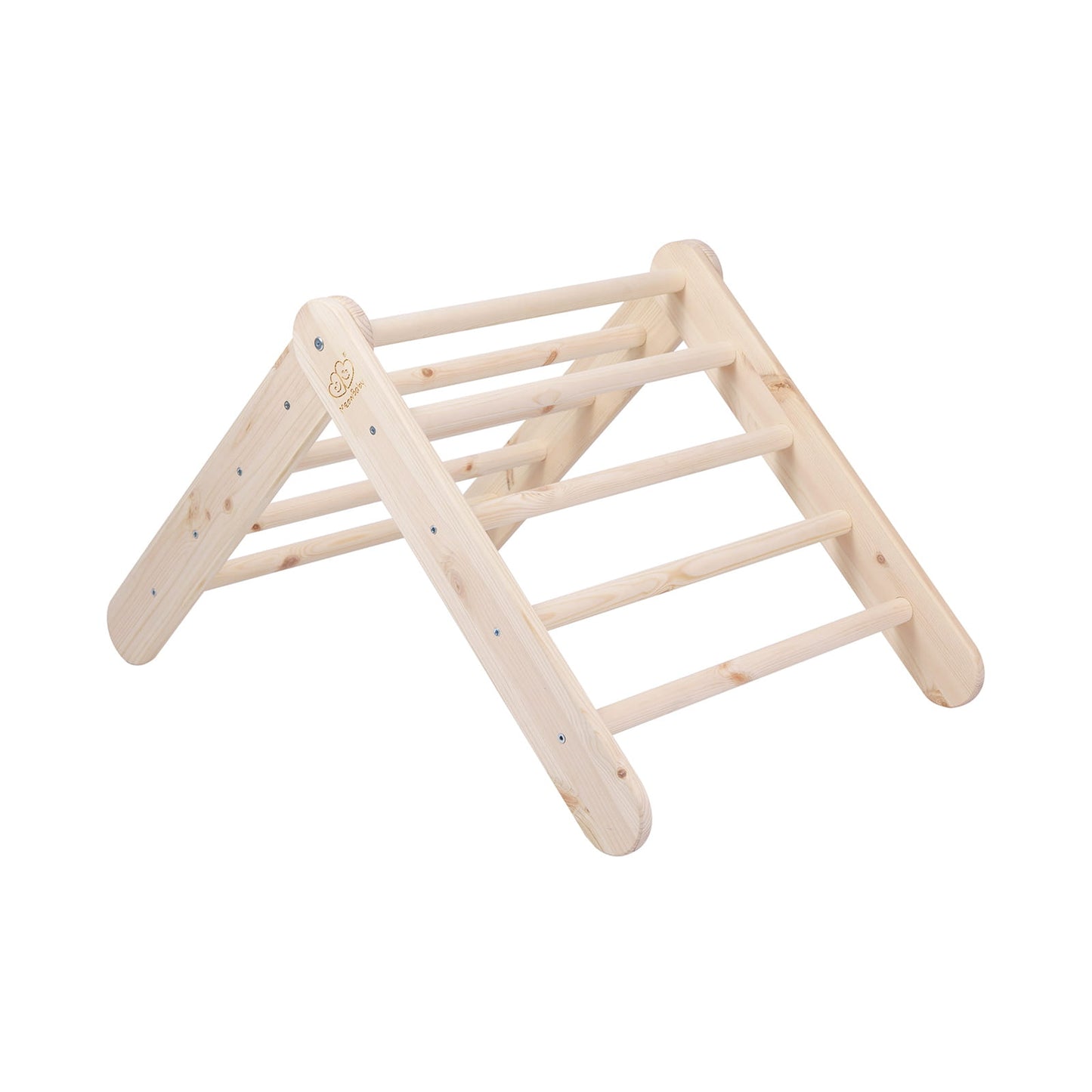 Natural wood climbing ladder viewed from side angle showing structure
