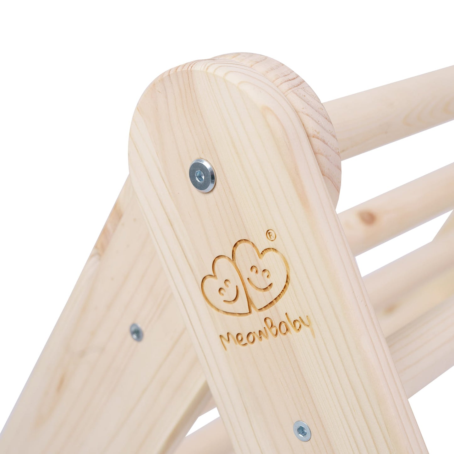 Wood ladder side panel with MeowBaby hearts logo and blue safety bolts