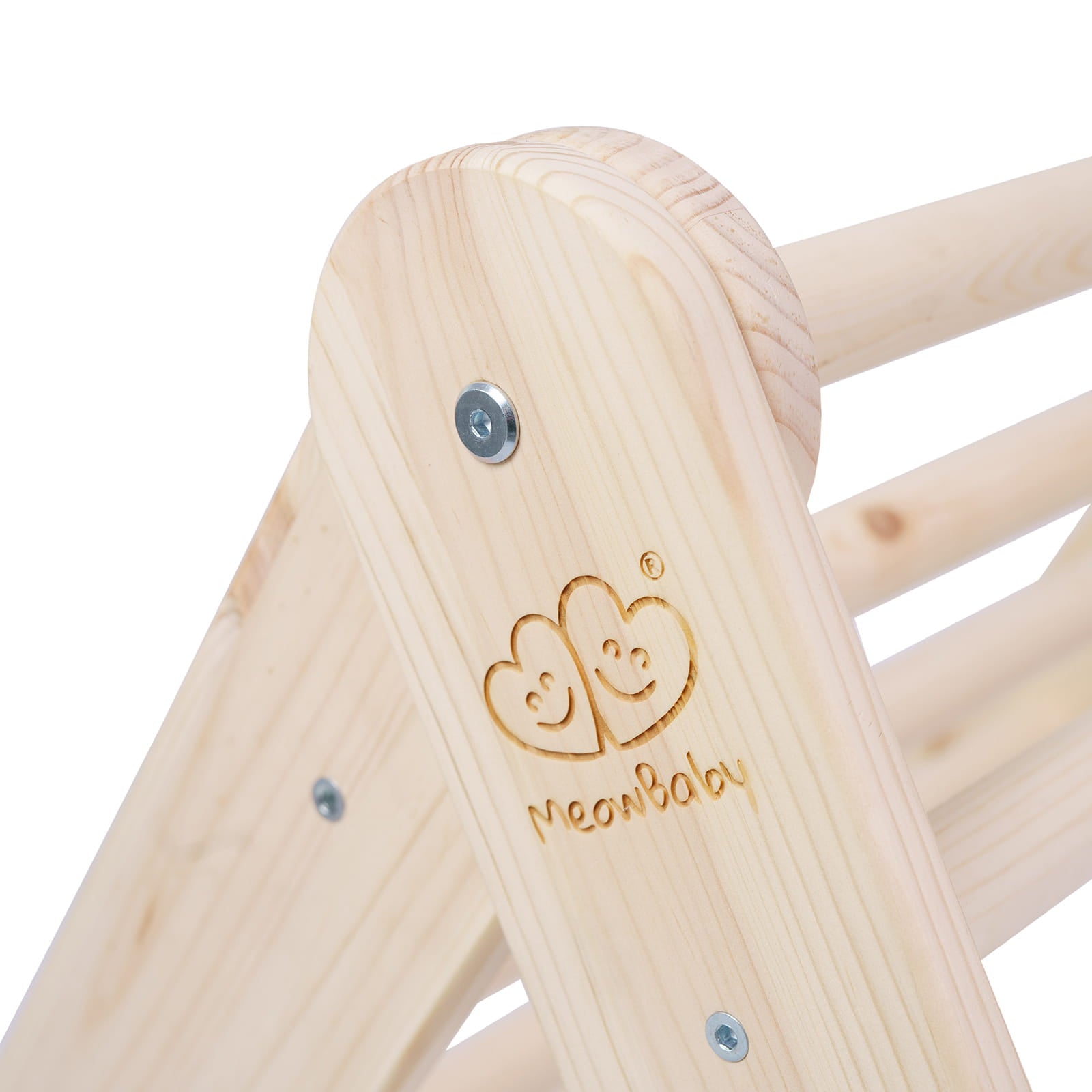 Wood ladder side panel with MeowBaby hearts logo and blue safety bolts
