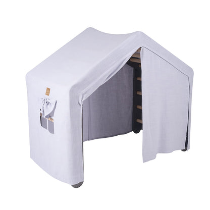 Large grey ladder house with blue-grey cover, interior visible through open fabric door