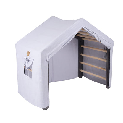 Large grey ladder house with blue-grey fabric cover and open door showing wooden rungs inside