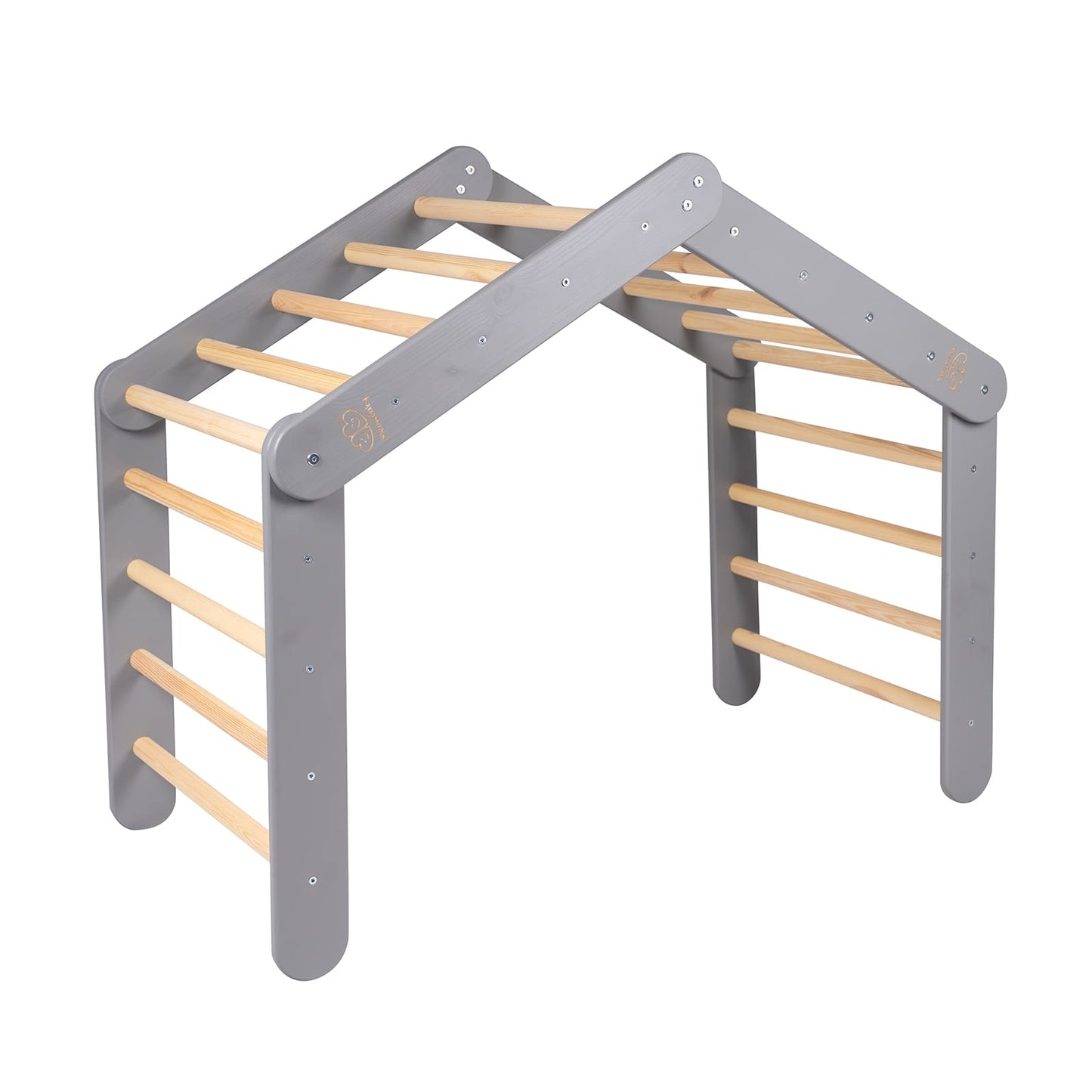 Grey wooden ladder house frame with two angled climbing sides and natural wood rungs