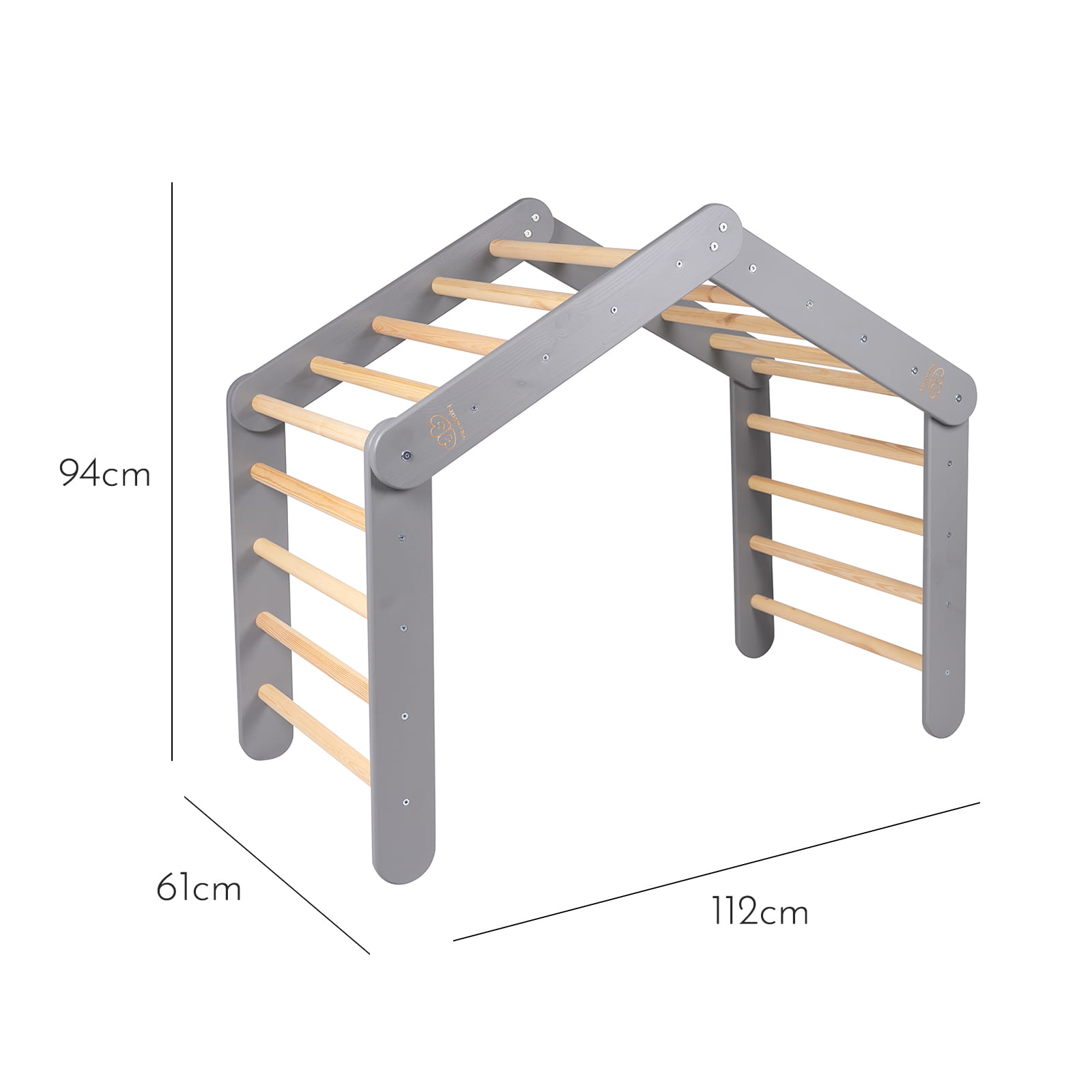 Assembled grey ladder house with dimensions marked: 94cm height, 112cm width, 61cm depth