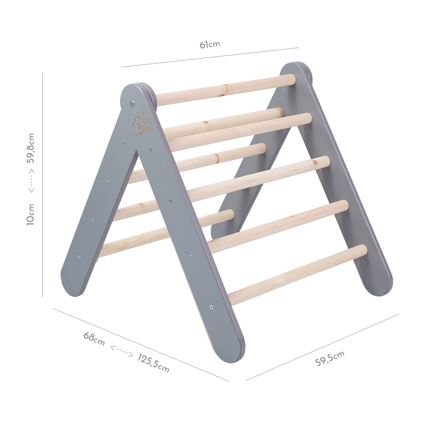 Small grey wooden climbing ladder with two angled sides and six natural wood rungs