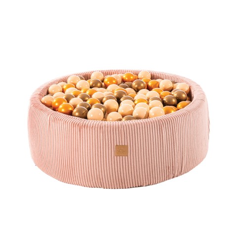 Pink round ball pit filled with 200 orange and copper balls, 90x30cm sensory toy for toddlers