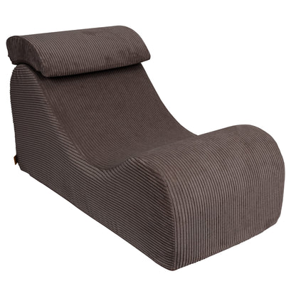 Brown Wave Lounger with ribbed fabric and removable headrest pillow, side view