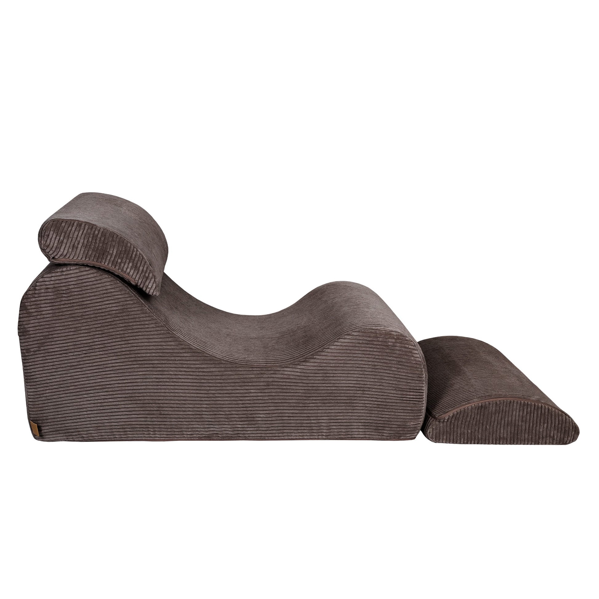 Brown Wave Lounger side profile showing wavy contoured shape and support pillows