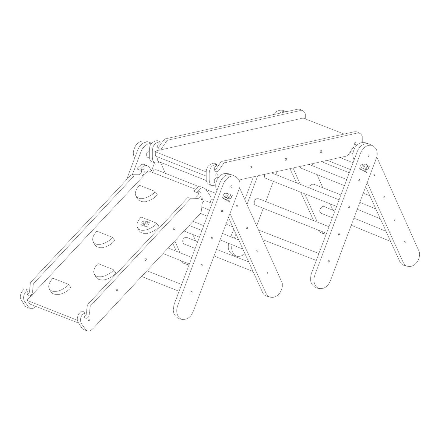 Climbing triangle with attached slide shown from side angle line drawing