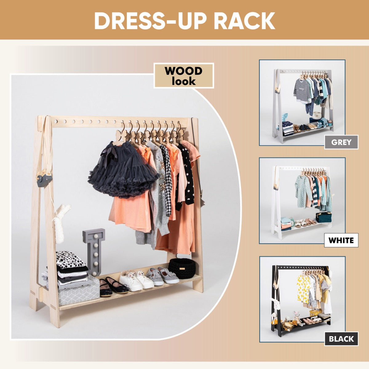 Infographic showing dress-up rack in natural wood with three color variations displayed