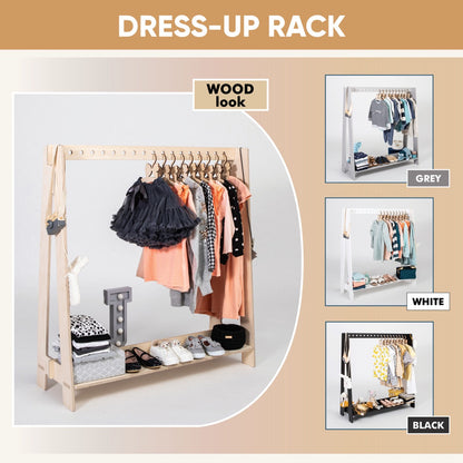 Infographic showing dress-up rack in natural wood with three color variations displayed