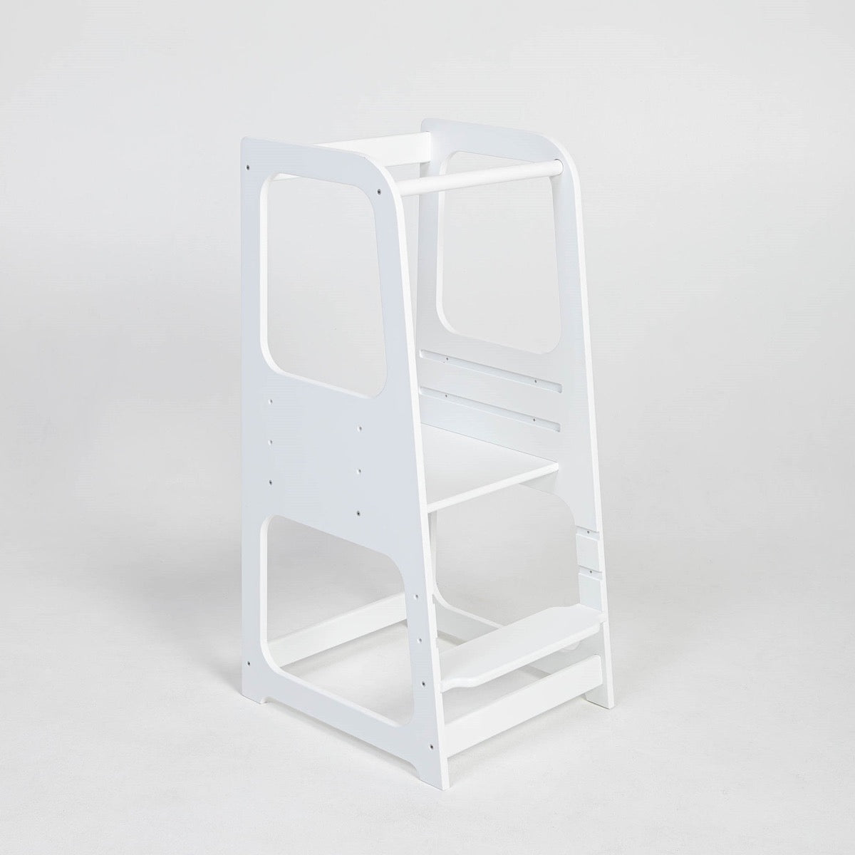 Black helper tower step stool with protective side rails, angled front view
