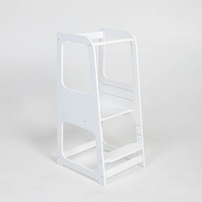 Black helper tower step stool with protective side rails, angled front view