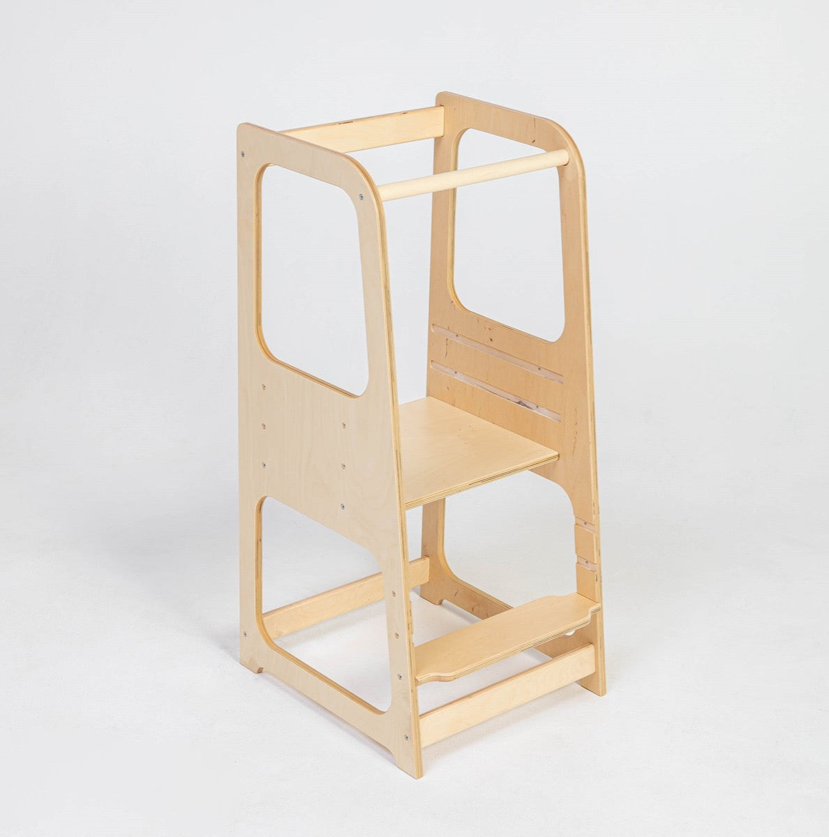 Gray helper tower step stool with enclosed safety panels, side view