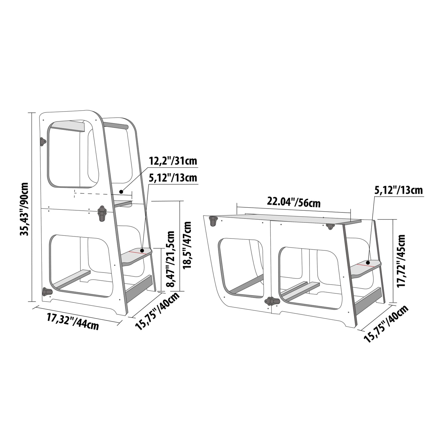 Dimension diagram showing kitchen tower and table measurements in inches and centimeters