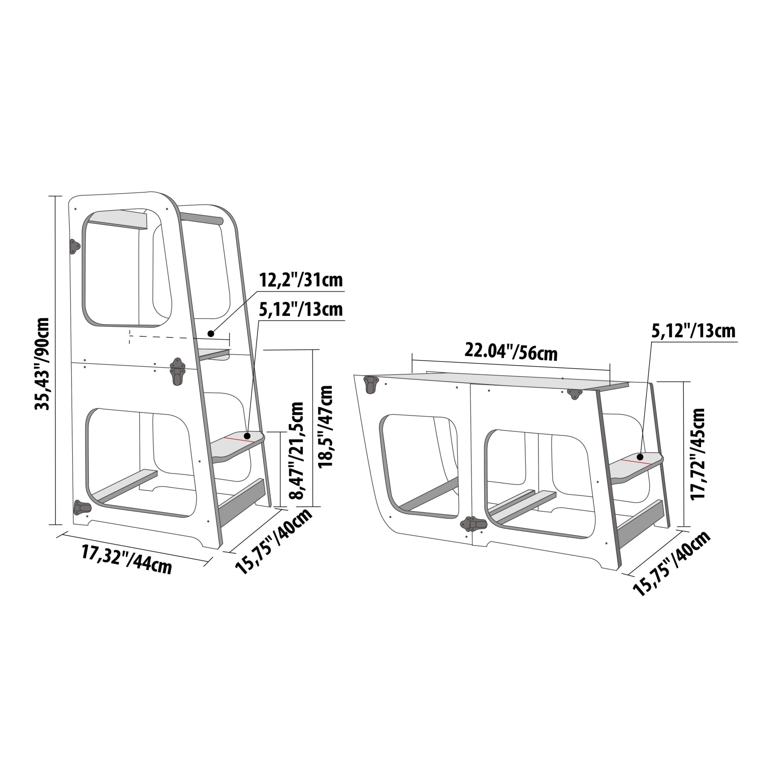 Dimension diagram showing kitchen tower and table measurements in inches and centimeters