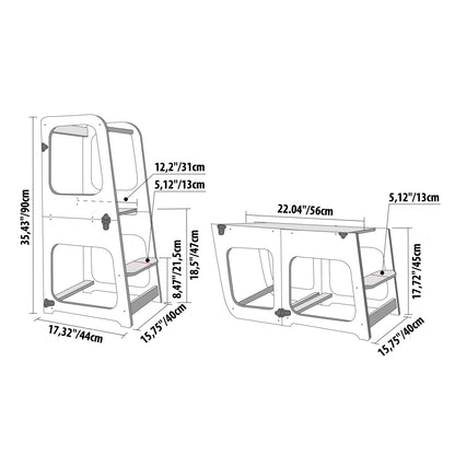 Dimension diagram showing kitchen tower and table measurements in inches and centimeters
